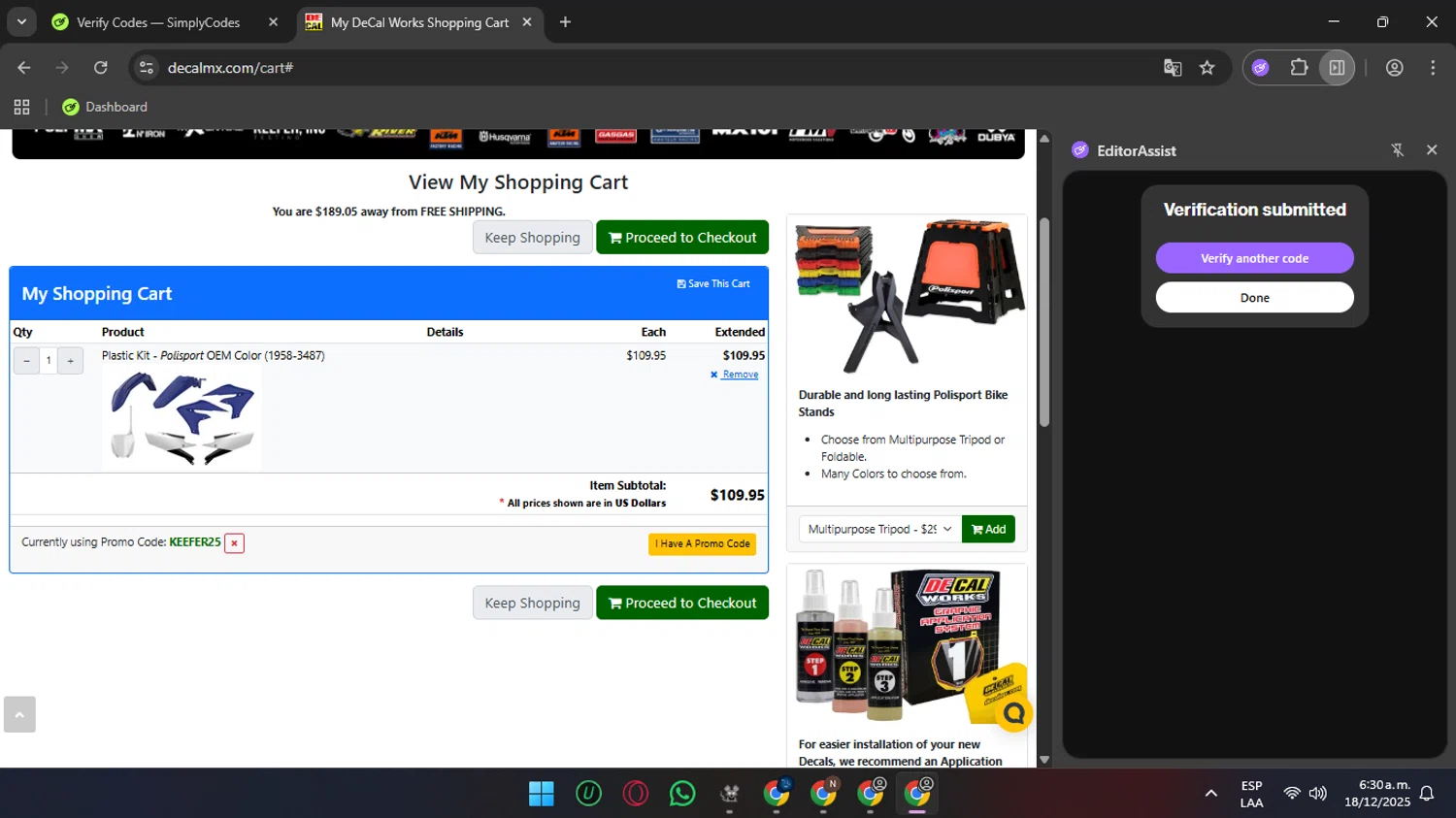 DeCal Works checkout page showing DeCal Works promo code box | Screenshot taken by SimplyCodes community member on Dec 18, 2025