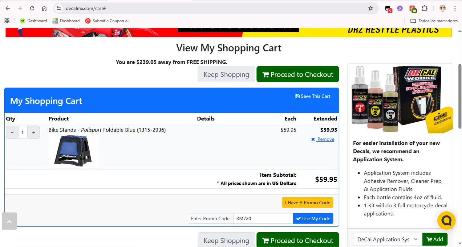 DeCal Works promo code screenshot showing code RM720 applied at DeCal Works checkout page. Uploaded by SimplyCodes community member FrugalFox6593 on Sep 12, 2025