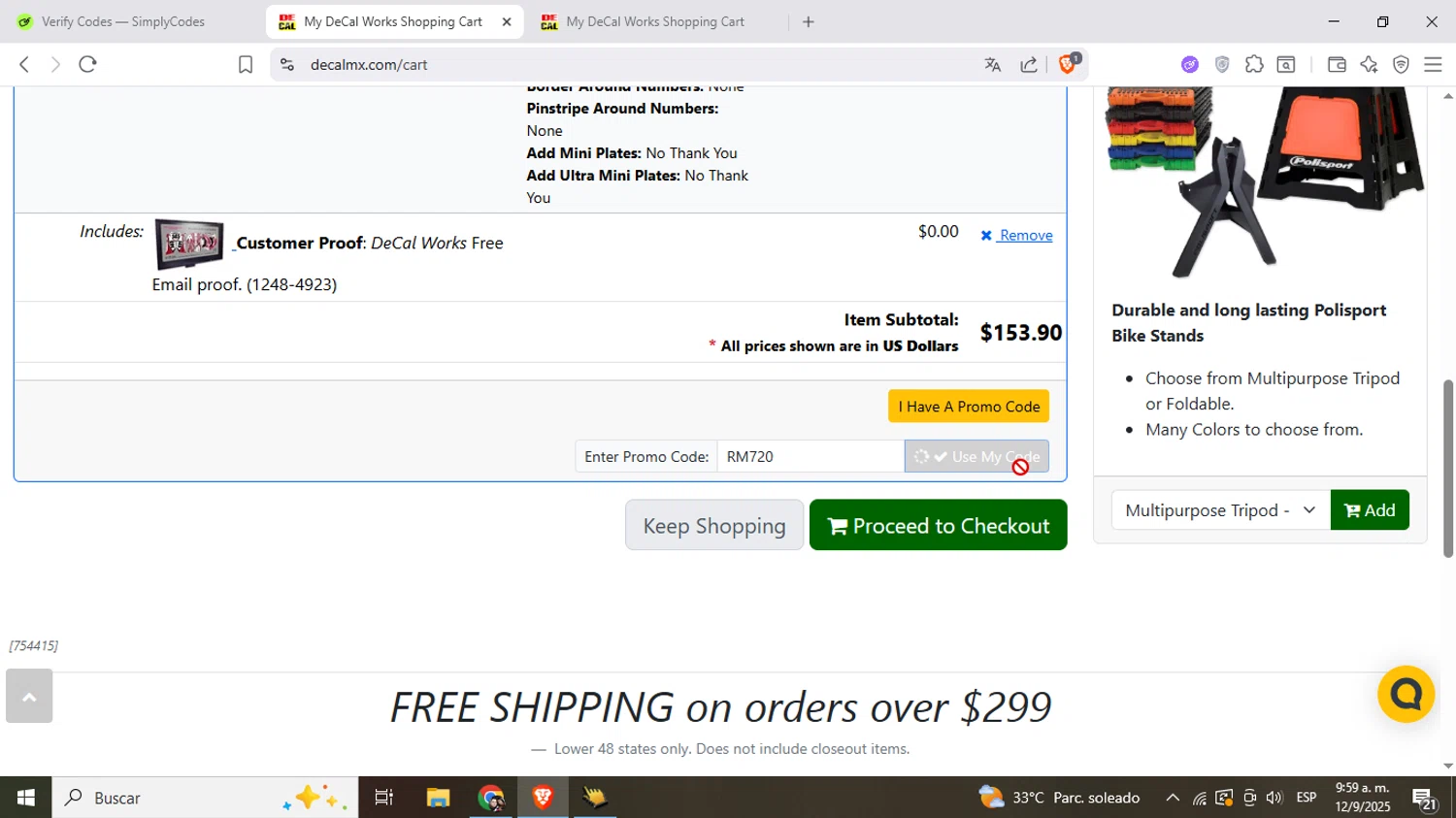 DeCal Works promo code screenshot showing code RM720 applied at DeCal Works checkout page. Uploaded by SimplyCodes community member Mujerdejunnior on Sep 12, 2025