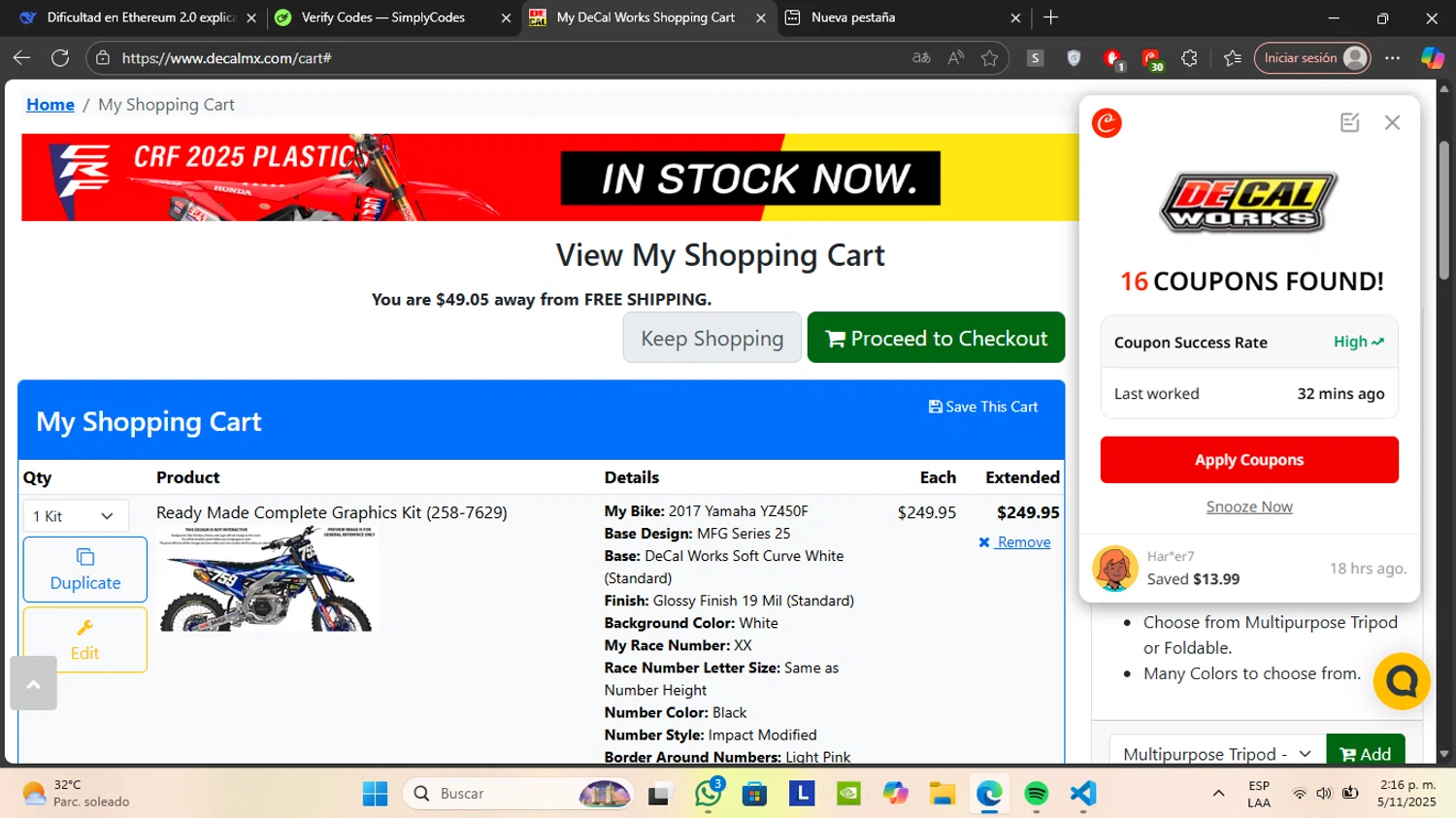 DeCal Works checkout page showing DeCal Works promo code box | Screenshot taken by SimplyCodes community member on Nov 5, 2025