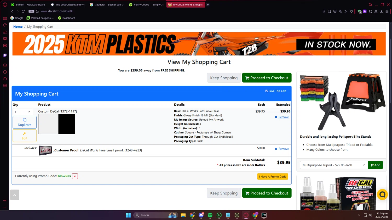 DeCal Works promo code screenshot showing code BFG2025 applied at DeCal Works checkout page. Uploaded by SimplyCodes community member PrimeVirtuoso9679 on Nov 20, 2025