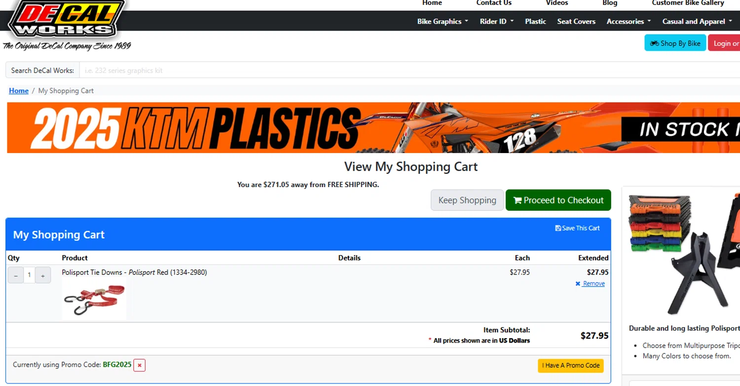 DeCal Works promo code screenshot showing code BFG2025 applied at DeCal Works checkout page. Uploaded by SimplyCodes community member ashe1986 on Nov 20, 2025