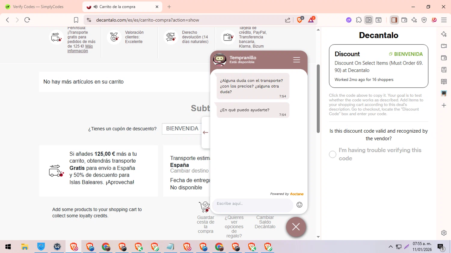Decantalo checkout page showing Decantalo discount code box | Screenshot taken by SimplyCodes community member on Jan 11, 2026