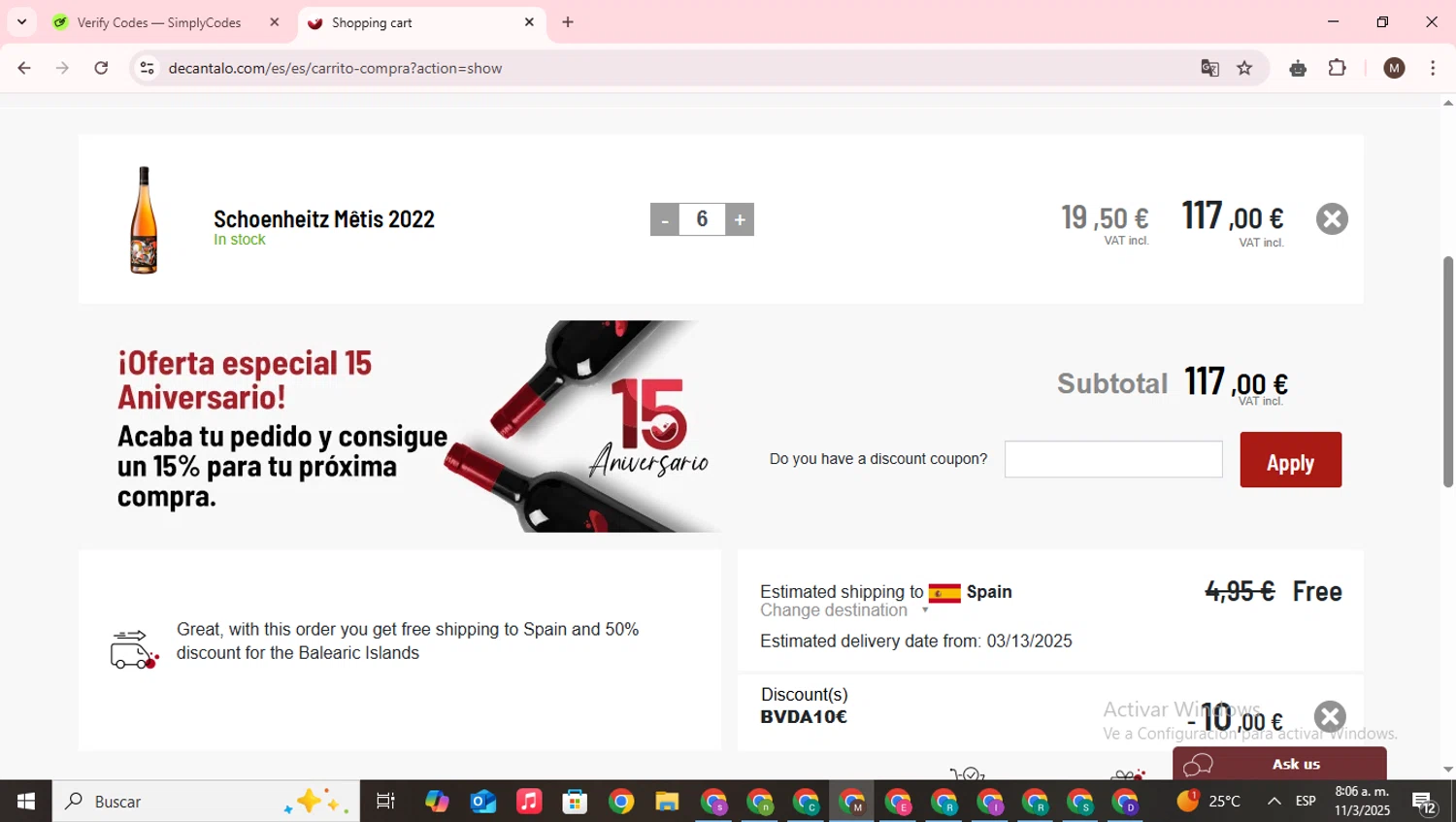 Decantalo discount code screenshot showing code BVDA10u20ac applied at Decantalo checkout page. Uploaded by SimplyCodes community member WonderWizard9060 on Mar 11, 2025