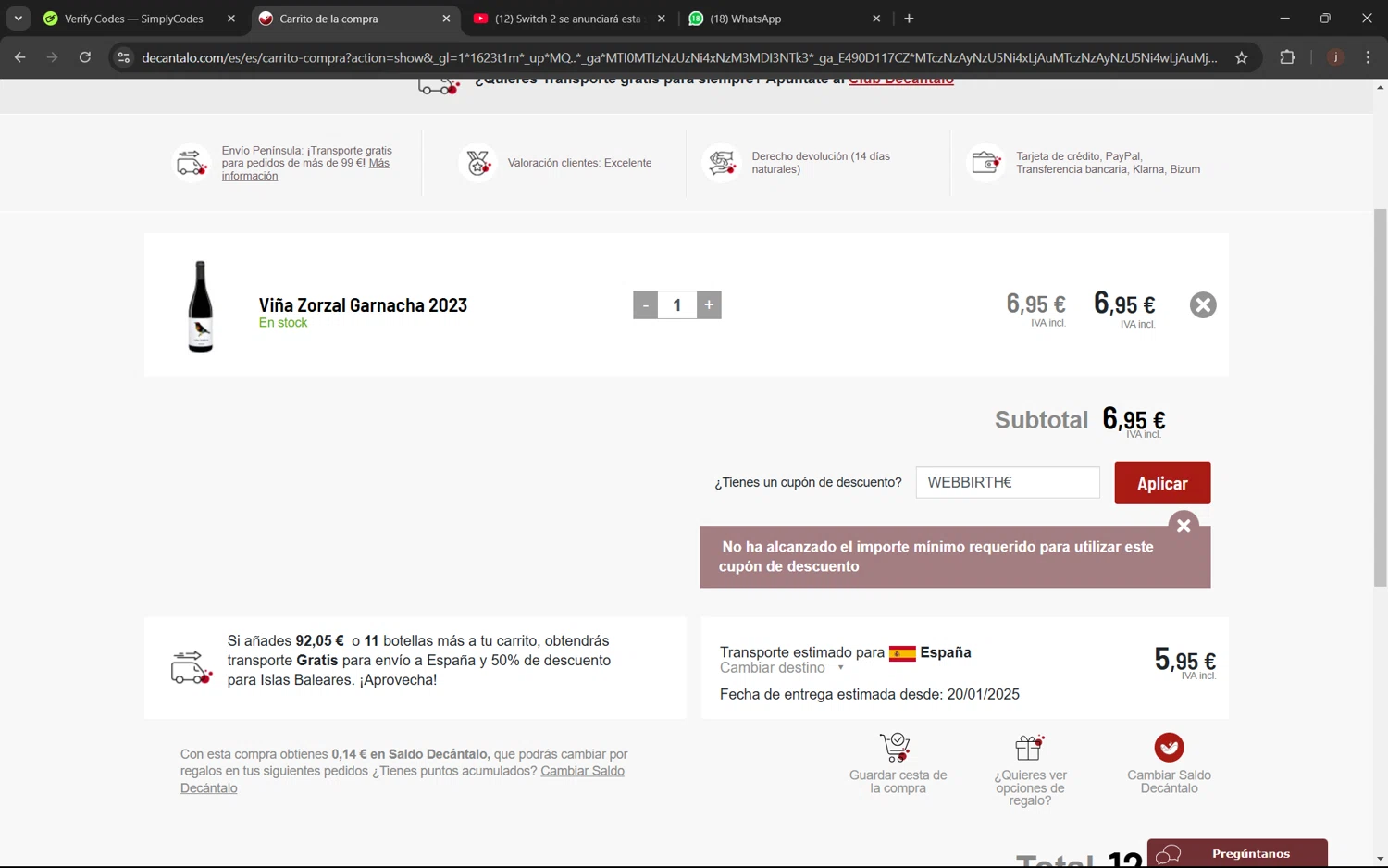 Decantalo discount code screenshot showing code WEBBIRTHu20ac applied at Decantalo checkout page. Uploaded by SimplyCodes community member juanx1702 on Jan 16, 2025