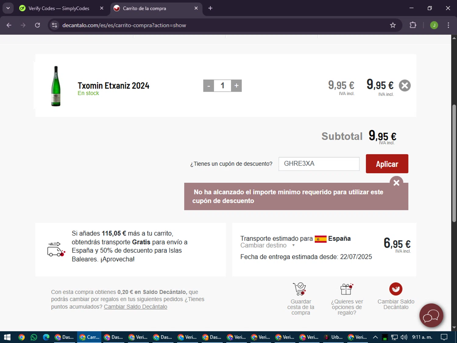 Decantalo discount code screenshot showing code GHRE3XA applied at Decantalo checkout page. Uploaded by SimplyCodes community member LilBaby on Jul 17, 2025