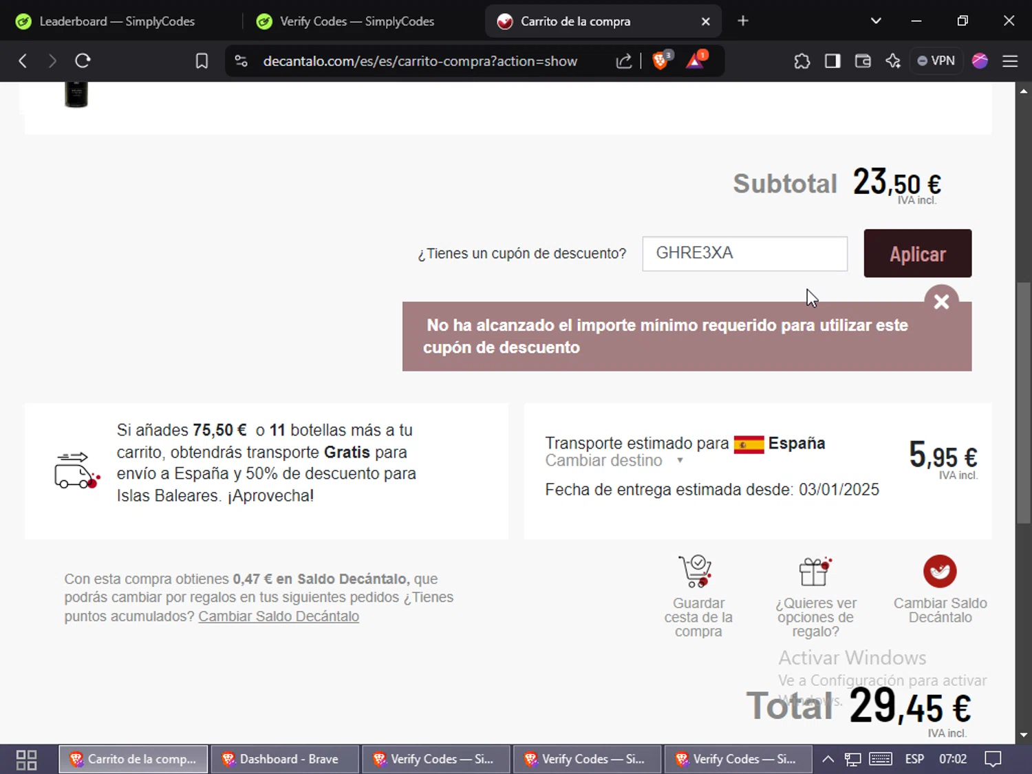 Decantalo discount code screenshot showing code GHRE3XA applied at Decantalo checkout page. Uploaded by SimplyCodes community member MoneyEagle4780 on Dec 29, 2024