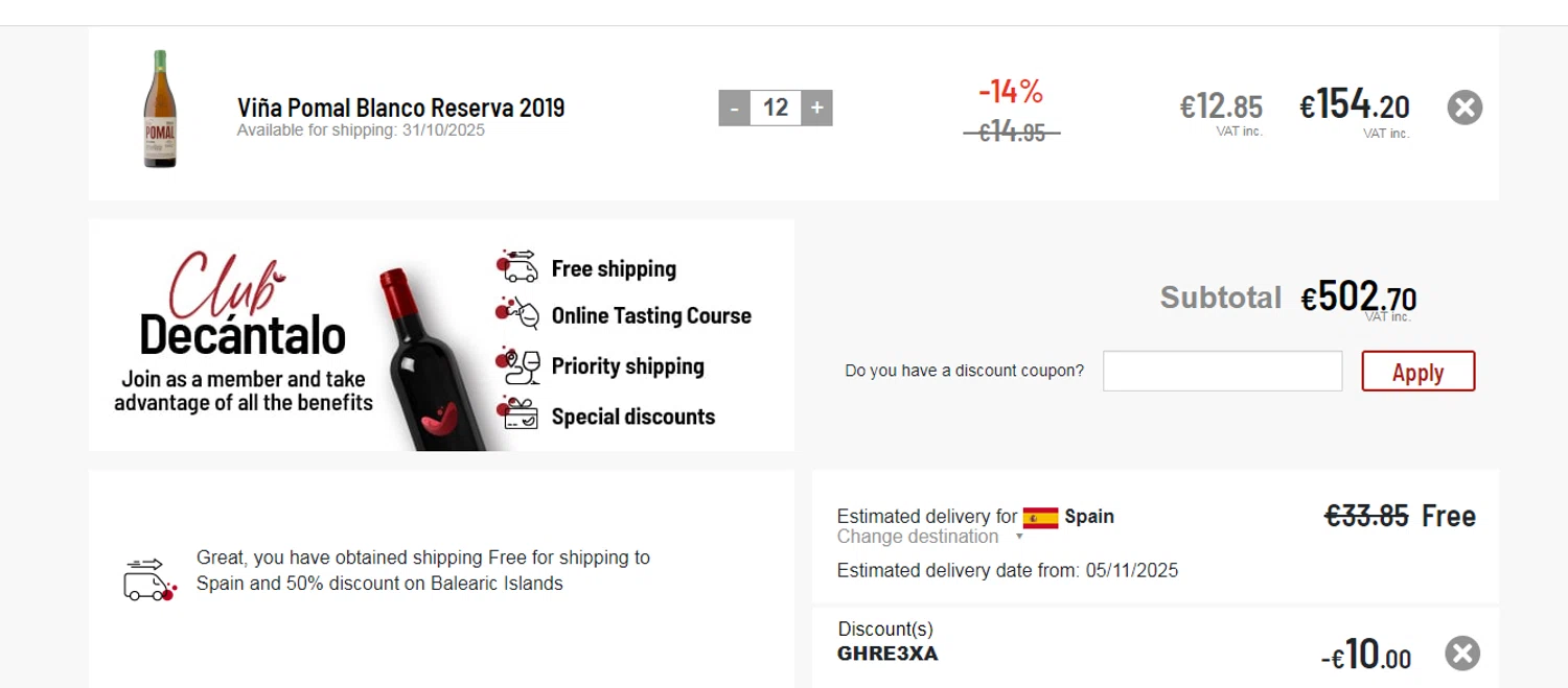 Decantalo discount code screenshot showing code GHRE3XA applied at Decantalo checkout page. Uploaded by SimplyCodes community member obito1234 on Oct 29, 2025
