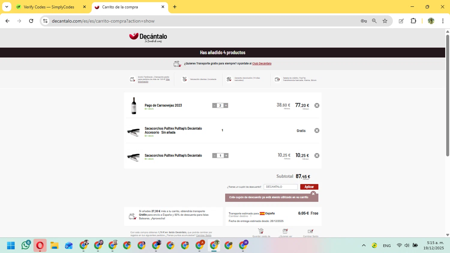 Decantalo discount code screenshot showing code DECANTALO applied at Decantalo checkout page. Uploaded by SimplyCodes community member FundoSinai on Dec 19, 2025