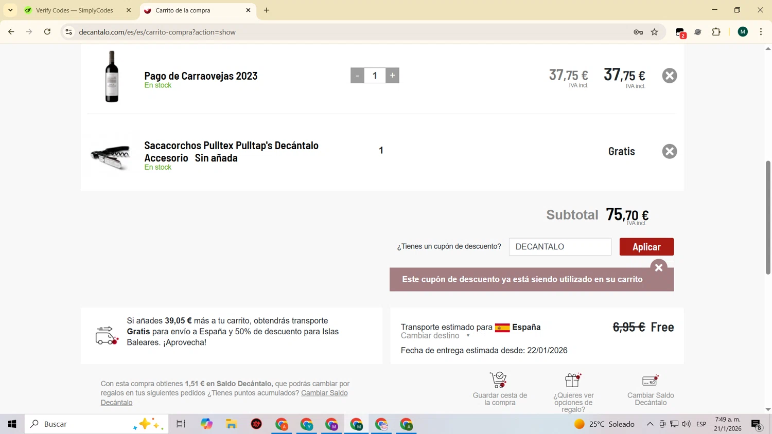 Decantalo checkout page showing Decantalo discount code box | Screenshot taken by SimplyCodes community member on Jan 21, 2026