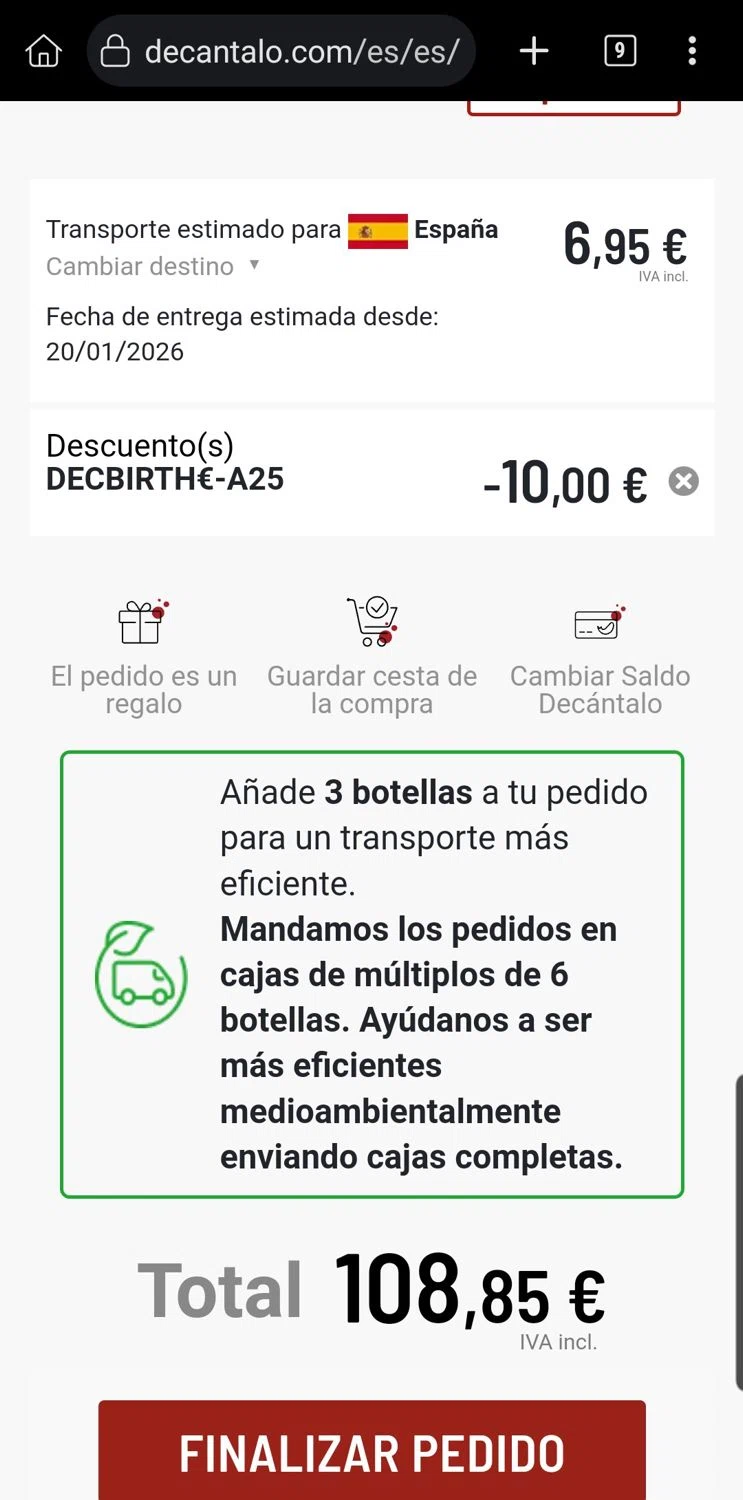 Decantalo discount code screenshot showing code DECBIRTHu20ac-A25 applied at Decantalo checkout page. Uploaded by SimplyCodes community member Carloslvz on Jan 16, 2026