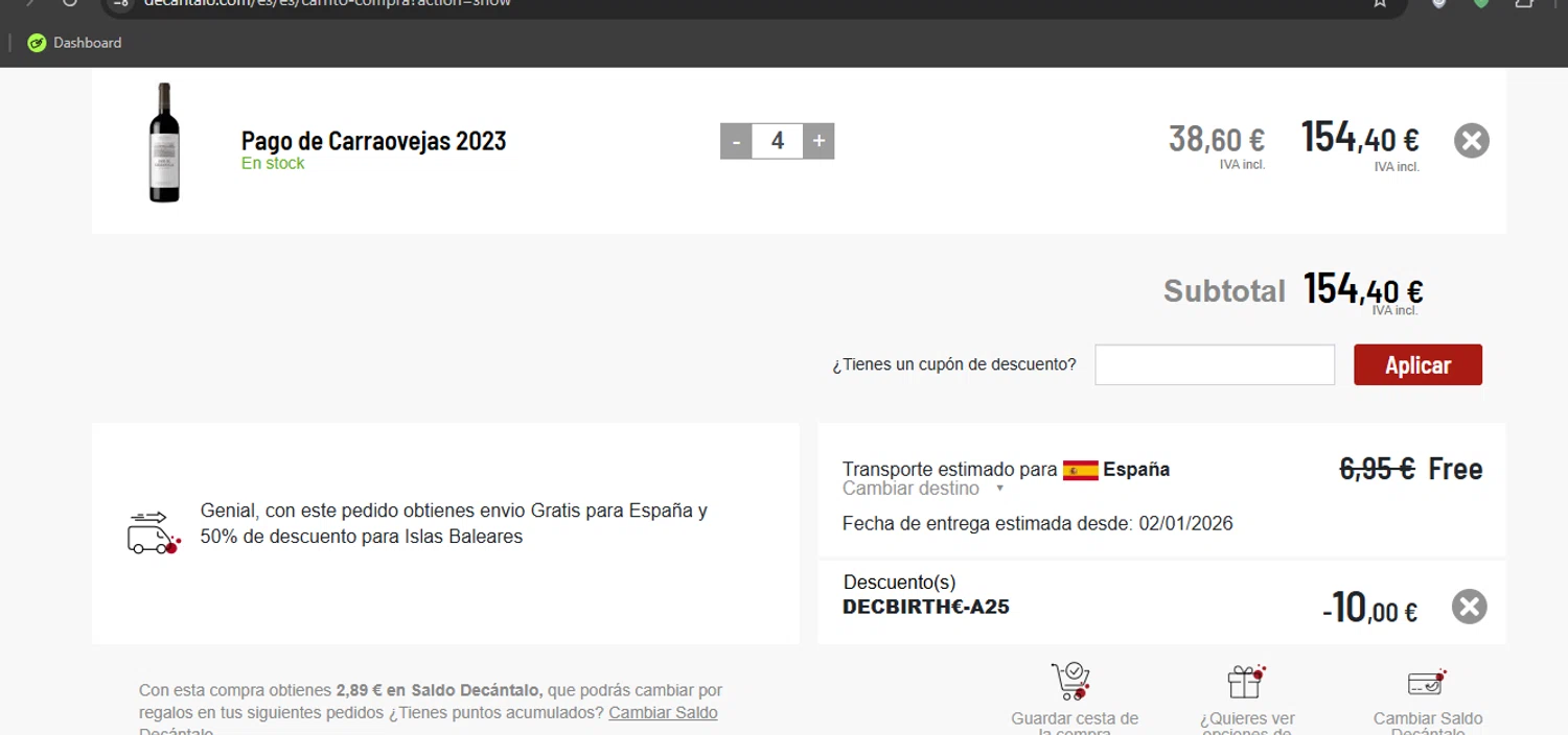 Decantalo discount code screenshot showing code DECBIRTHu20ac-A25 applied at Decantalo checkout page. Uploaded by SimplyCodes community member Limon02 on Dec 25, 2025
