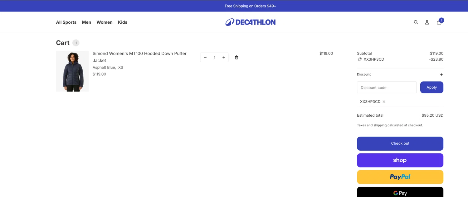 Decathlon promo code screenshot showing code XX3HP3CD applied at Decathlon checkout page. Uploaded by SimplyCodes community member ELOIN777 on Jun 3, 2026