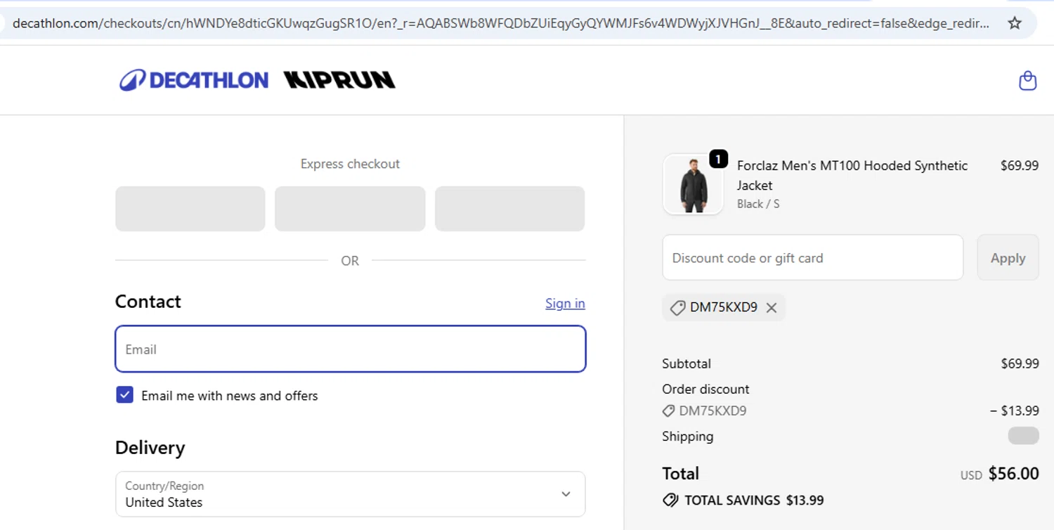 Decathlon promo code screenshot showing code DM75KXD9 applied at Decathlon checkout page. Uploaded by SimplyCodes community member EMILIANOMASABE on Jun 20, 2026