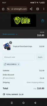 WELCOME15 coupon verification screenshot