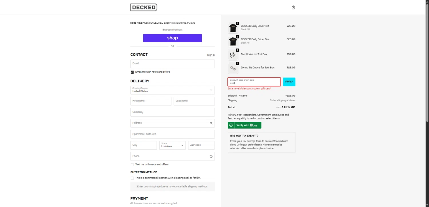 Decked promo code screenshot showing code D12 applied at Decked checkout page. Uploaded by SimplyCodes community member QuestLynx5304 on Apr 7, 2026