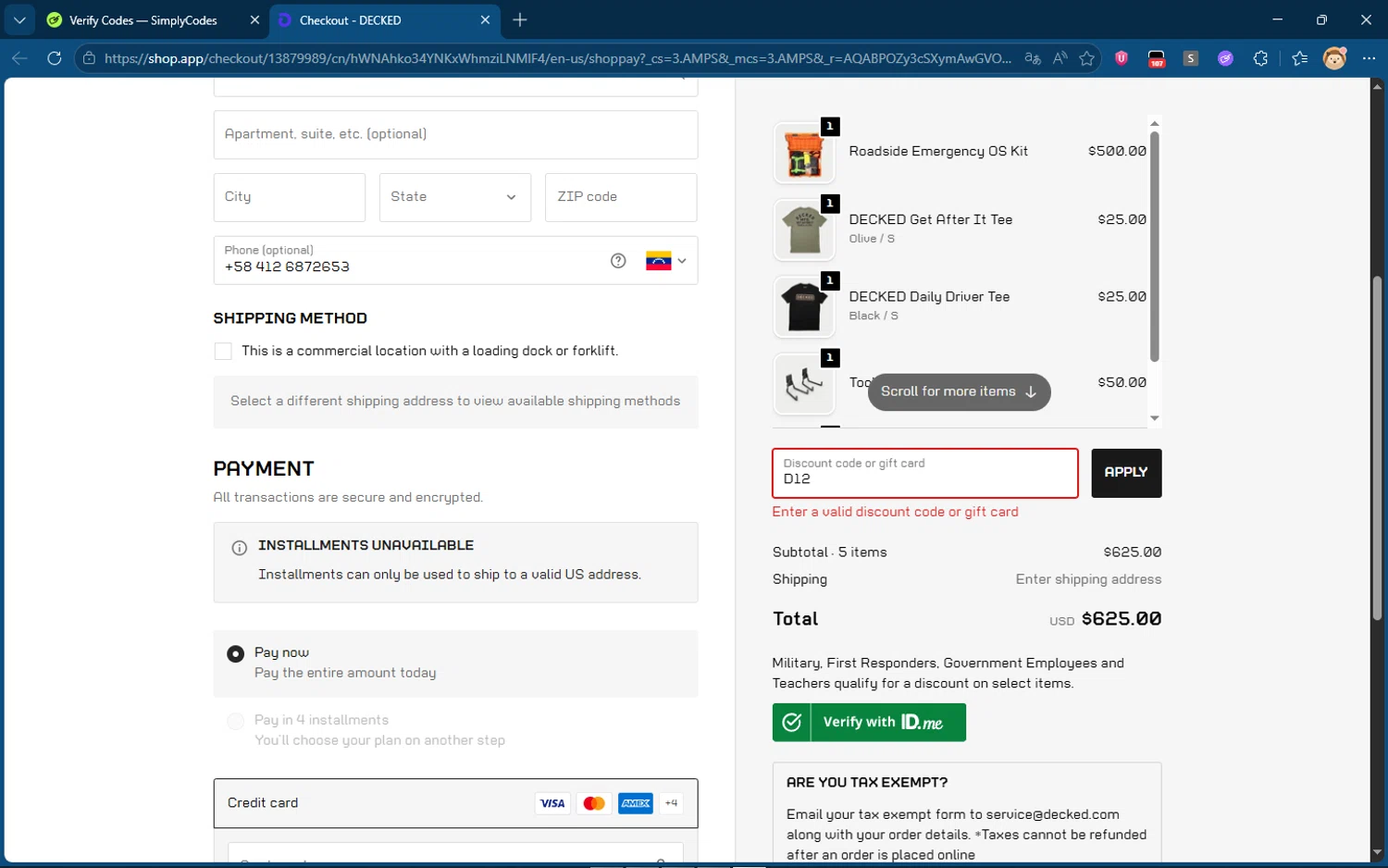 Decked promo code screenshot showing code D12 applied at Decked checkout page. Uploaded by SimplyCodes community member gsus_1222 on Apr 6, 2026