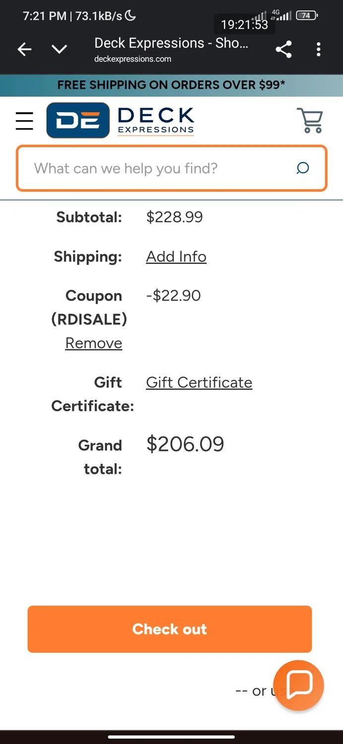 Deck Expressions coupon code screenshot showing code Rdisale applied at Deck Expressions checkout page. Uploaded by SimplyCodes community member 111111 on Sep 20, 2025