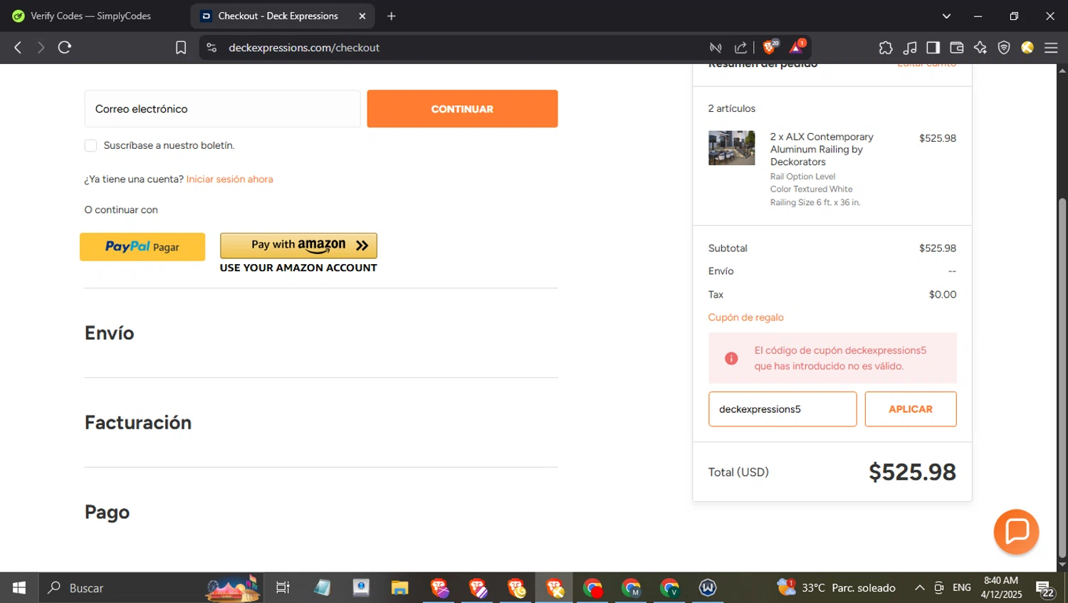 Deck Expressions coupon code screenshot showing code deckexpressions5 applied at Deck Expressions checkout page. Uploaded by SimplyCodes community member benjamnlev on Apr 12, 2025