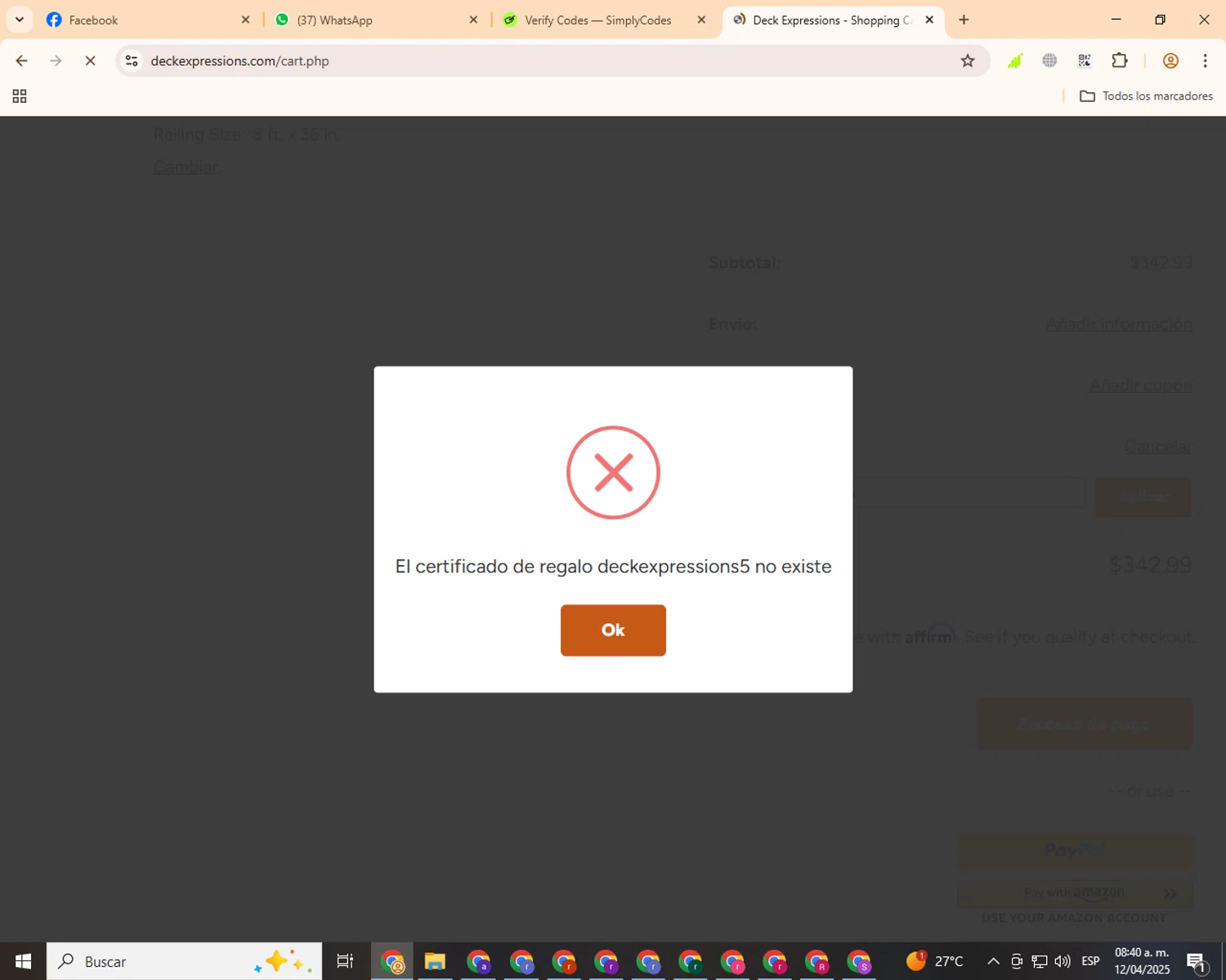 Deck Expressions coupon code screenshot showing code deckexpressions5 applied at Deck Expressions checkout page. Uploaded by SimplyCodes community member ashe1986 on Apr 12, 2025