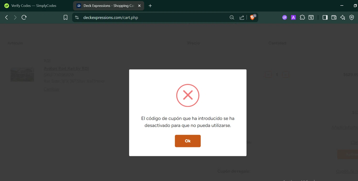 Deck Expressions coupon code screenshot showing code TAKE5OFF applied at Deck Expressions checkout page. Uploaded by SimplyCodes community member PennyCaptain4684 on Sep 25, 2025
