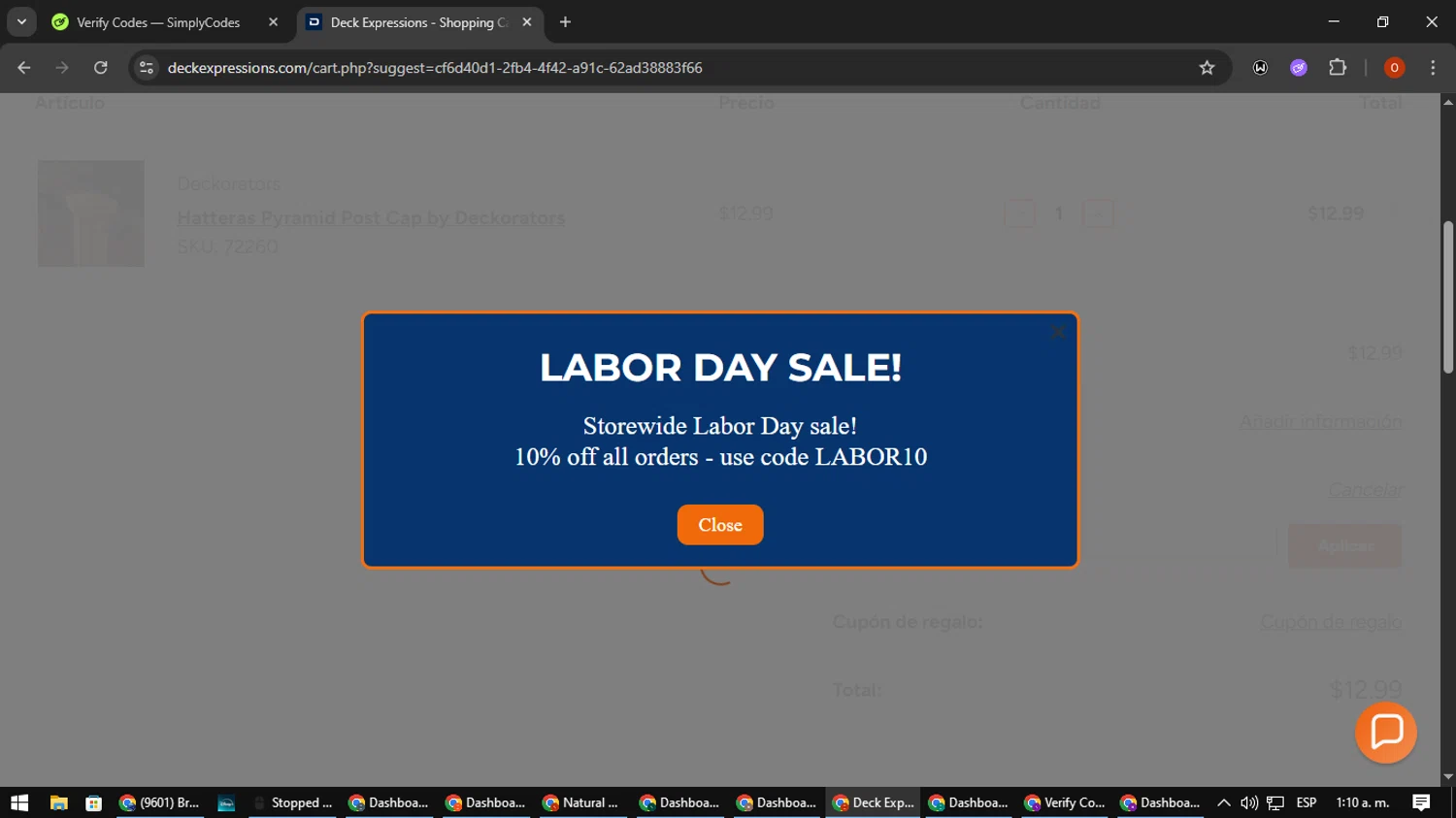 Deck Expressions checkout page showing Deck Expressions coupon code box | Screenshot taken by SimplyCodes community member on Sep 1, 2025