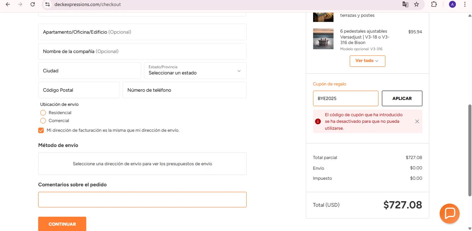 Deck Expressions coupon code screenshot showing code BYE2025 applied at Deck Expressions checkout page. Uploaded by SimplyCodes community member PromoExpert5262 on Jan 6, 2026