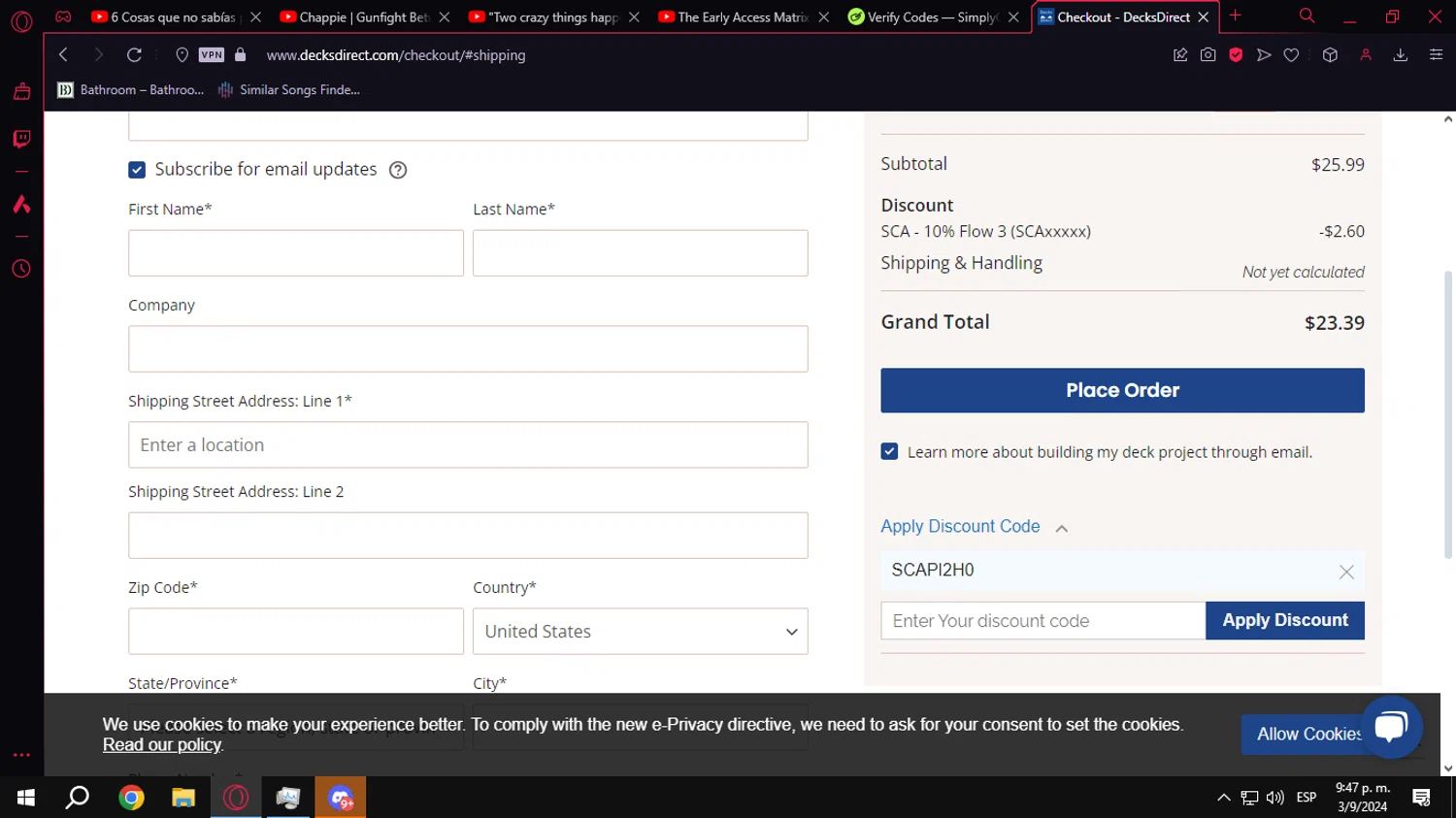 DecksDirect checkout page showing DecksDirect discount code box | Screenshot taken by SimplyCodes community member on Sep 4, 2024