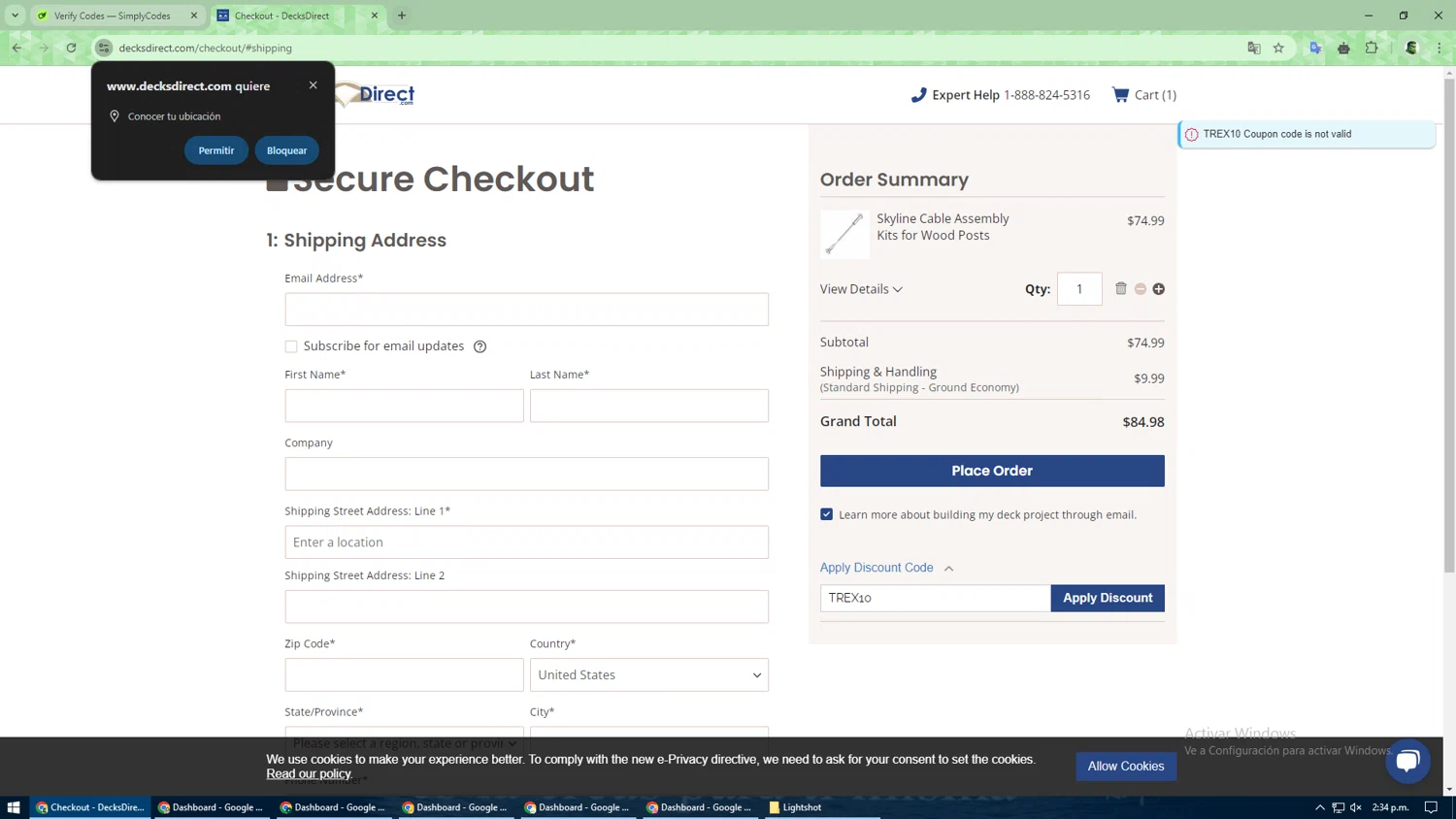 DecksDirect checkout page showing DecksDirect discount code box | Screenshot taken by SimplyCodes community member on Sep 8, 2024
