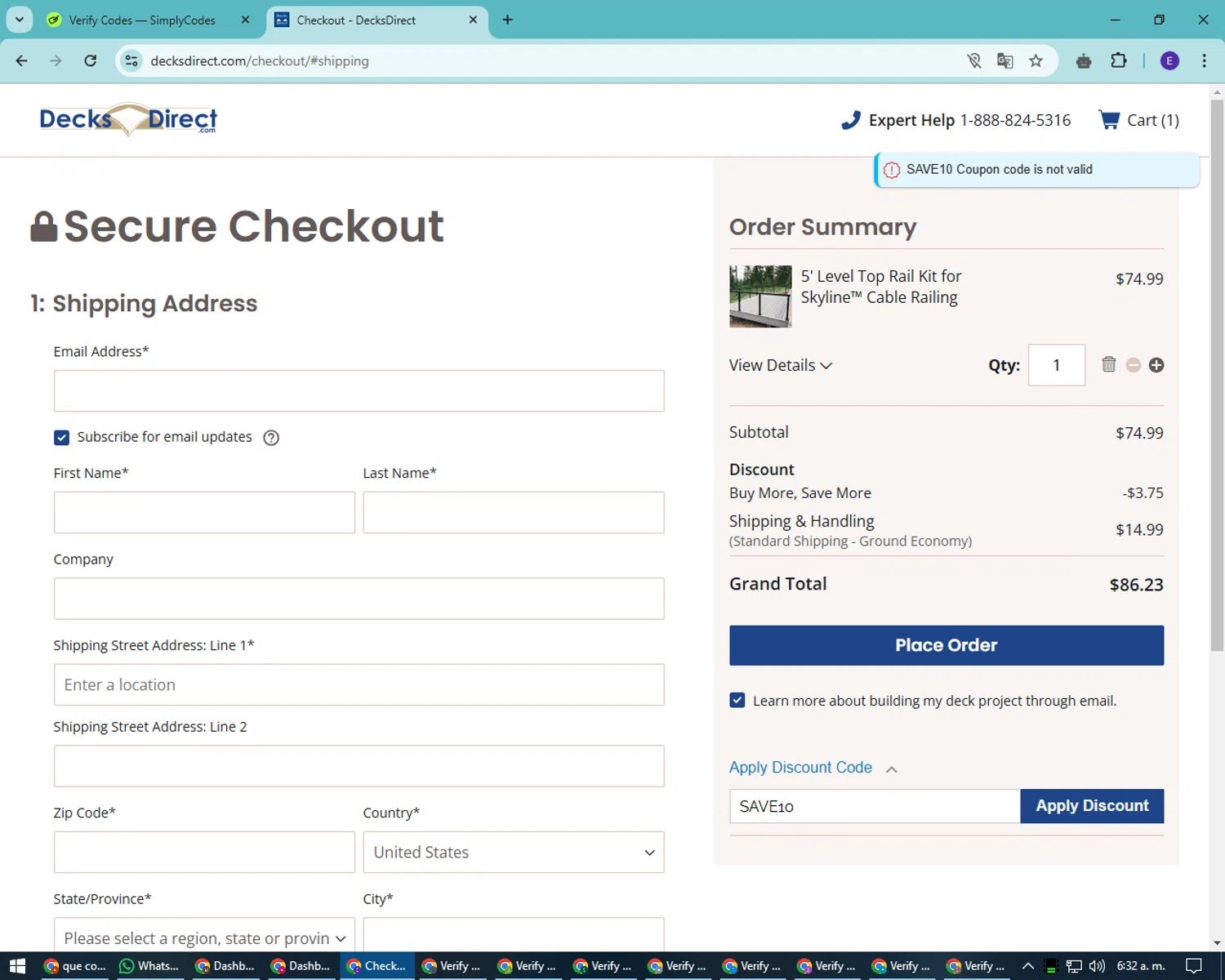 DecksDirect checkout page showing DecksDirect discount code box | Screenshot taken by SimplyCodes community member on Nov 7, 2024