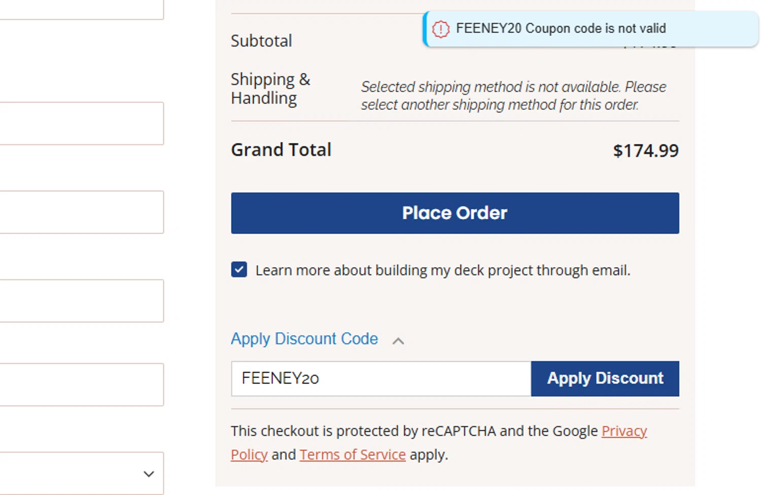 DecksDirect checkout page showing DecksDirect discount code box | Screenshot taken by SimplyCodes community member on Jan 13, 2025