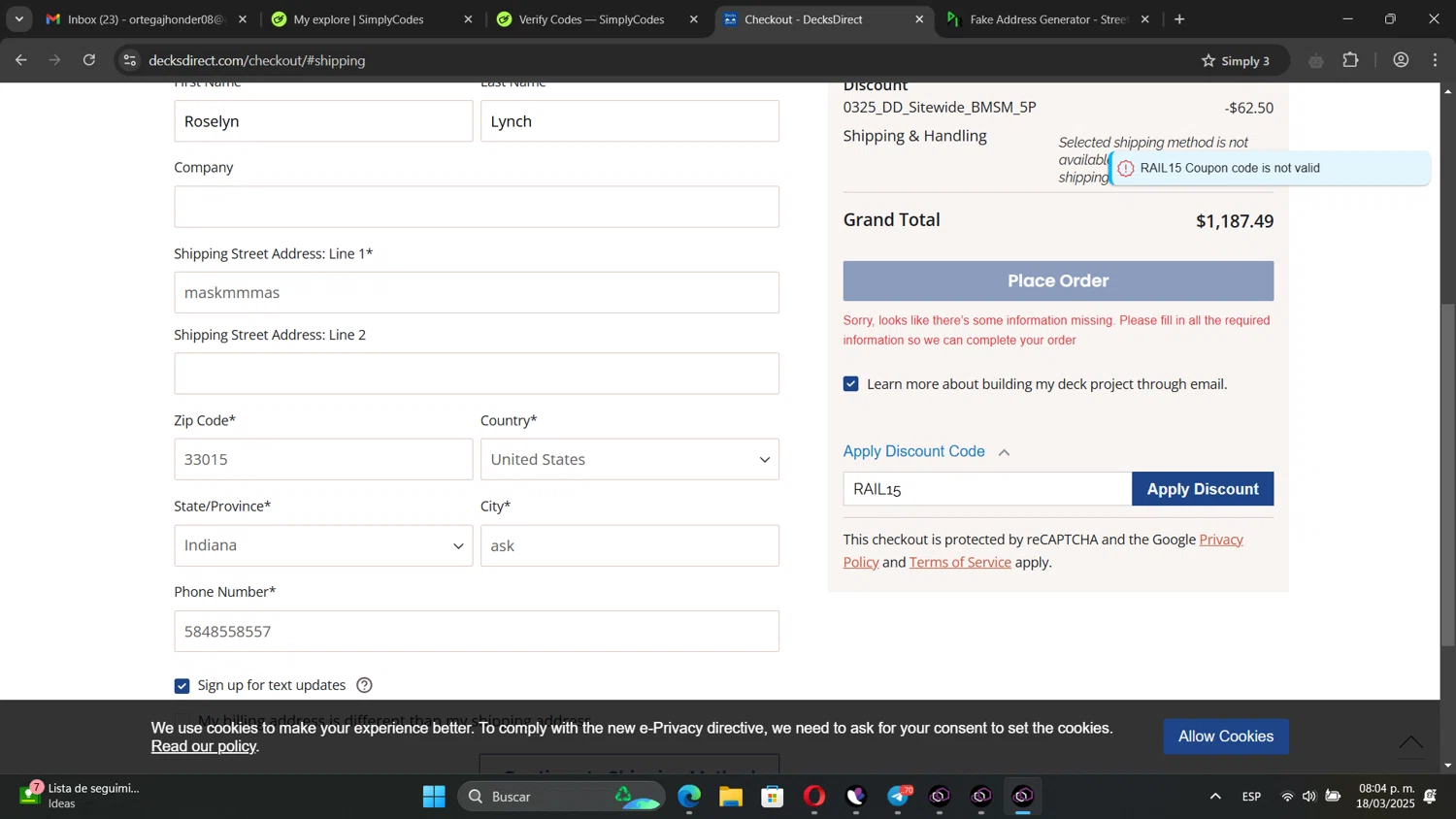 DecksDirect discount code screenshot showing code RAIL15 applied at DecksDirect checkout page. Uploaded by SimplyCodes community member LegendaryVoyager3248 on Mar 19, 2025