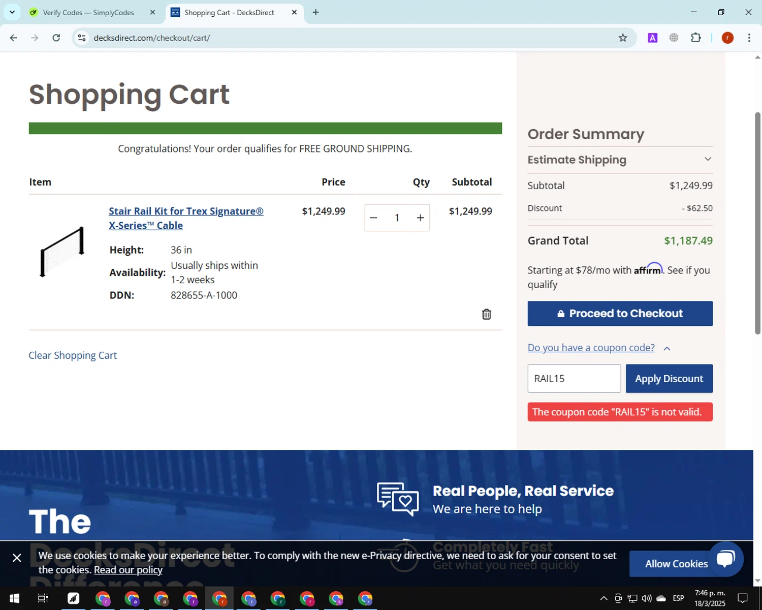 DecksDirect discount code screenshot showing code RAIL15 applied at DecksDirect checkout page. Uploaded by SimplyCodes community member PrimeGuardian7348 on Mar 18, 2025