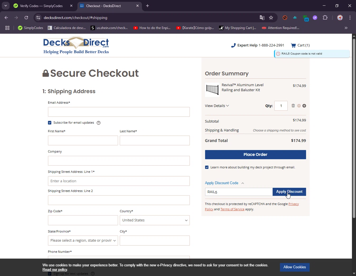 DecksDirect discount code screenshot showing code RAIL5 applied at DecksDirect checkout page. Uploaded by SimplyCodes community member ElIntrepidoVolador on Jun 5, 2025