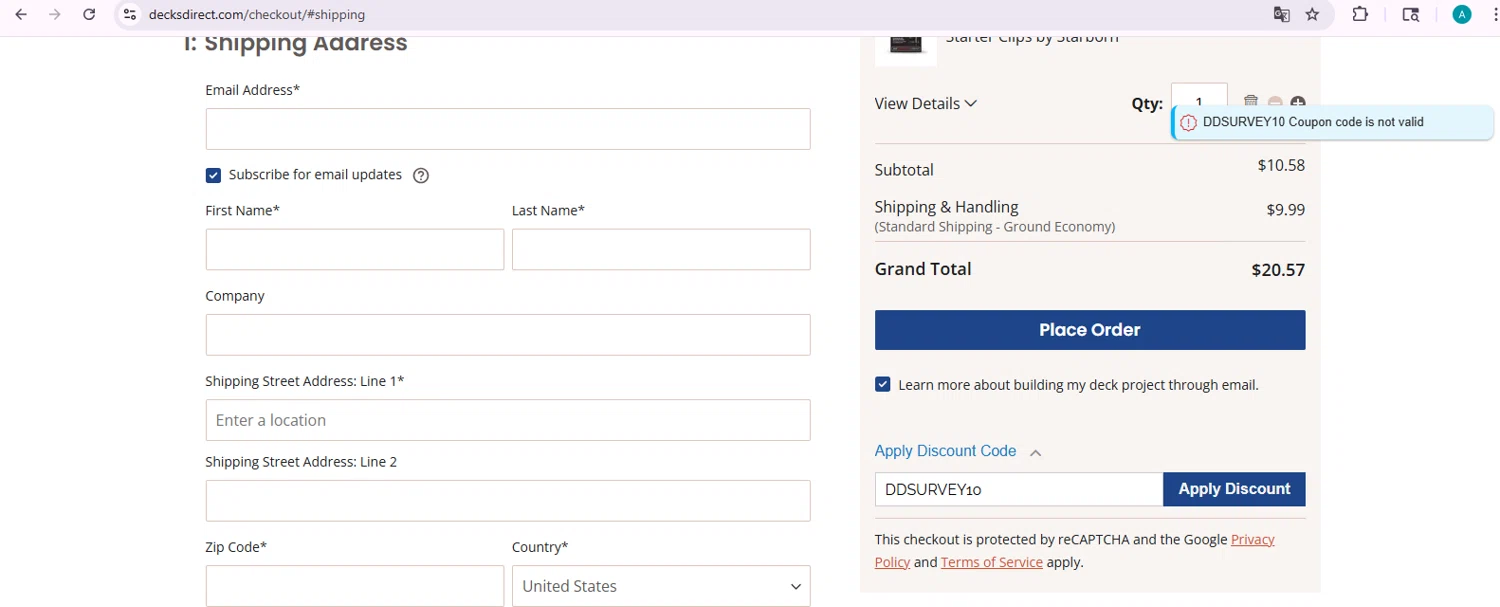 DecksDirect discount code screenshot showing code DDSURVEY10 applied at DecksDirect checkout page. Uploaded by SimplyCodes community member DiscountVoyager9396 on Jun 4, 2025