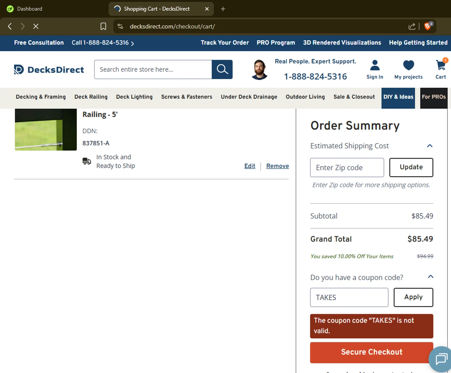 DecksDirect promo code screenshot showing code TAKES applied at DecksDirect checkout page. Uploaded by SimplyCodes community member omar36 on Feb 12, 2026