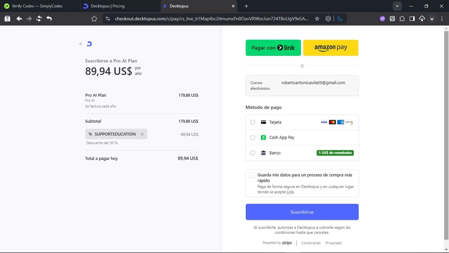 Decktopus promo code screenshot showing code SUPPORTEDUCATION applied at Decktopus checkout page. Uploaded by SimplyCodes community member BudgetCollector3125 on Dec 4, 2025