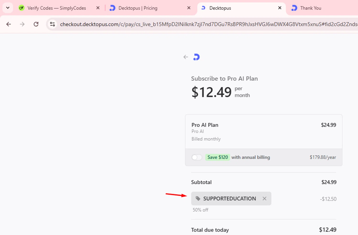 Decktopus promo code screenshot showing code SUPPORTEDUCATION applied at Decktopus checkout page. Uploaded by SimplyCodes community member CoinSage1043 on May 22, 2025