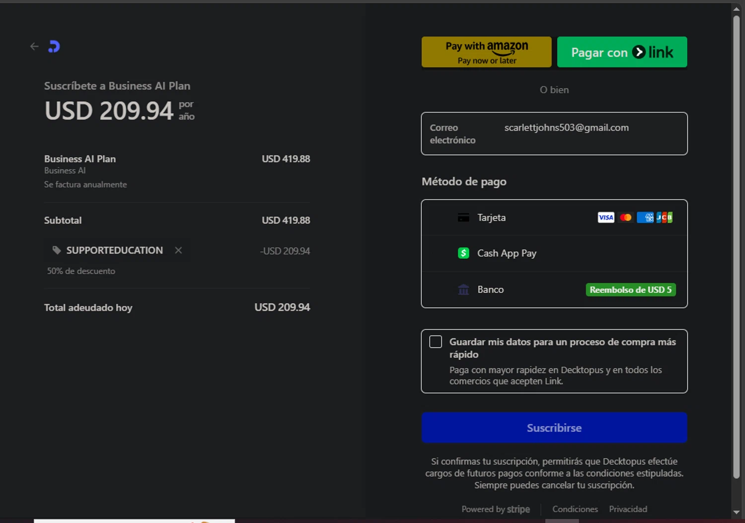 Decktopus promo code screenshot showing code SUPPORTEDUCATION applied at Decktopus checkout page. Uploaded by SimplyCodes community member Pollofrito on Jul 19, 2025