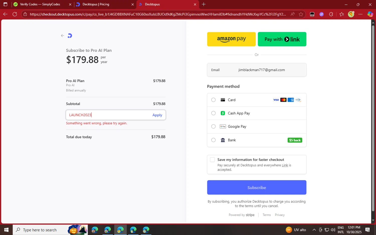 Decktopus promo code screenshot showing code LAUNCH2023 applied at Decktopus checkout page. Uploaded by SimplyCodes community member jvllsk2 on Oct 30, 2025