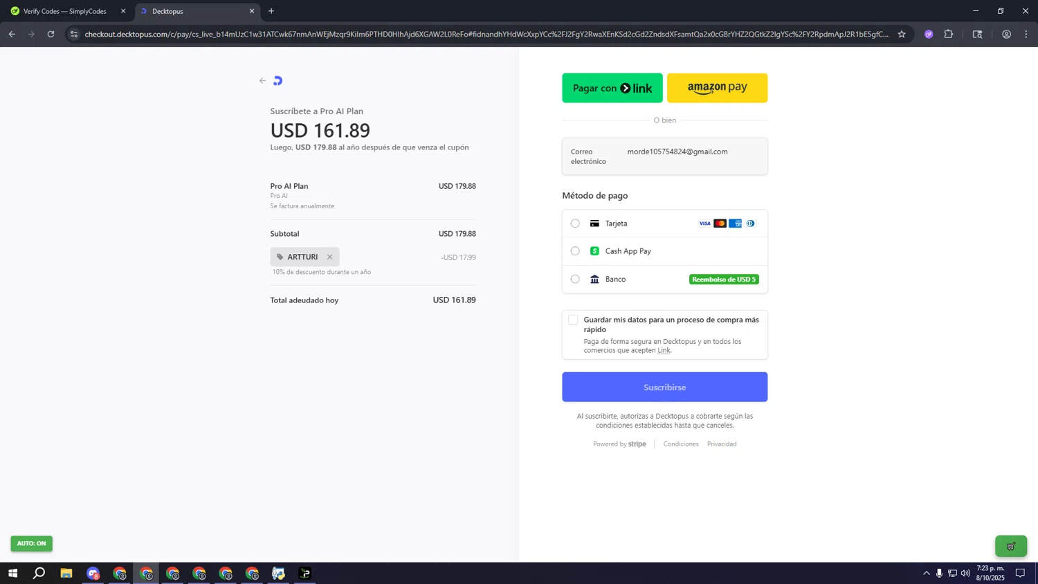 Decktopus promo code screenshot showing code ARTTURI applied at Decktopus checkout page. Uploaded by SimplyCodes community member aaaaaaaaaaaaaaaa on Oct 8, 2025
