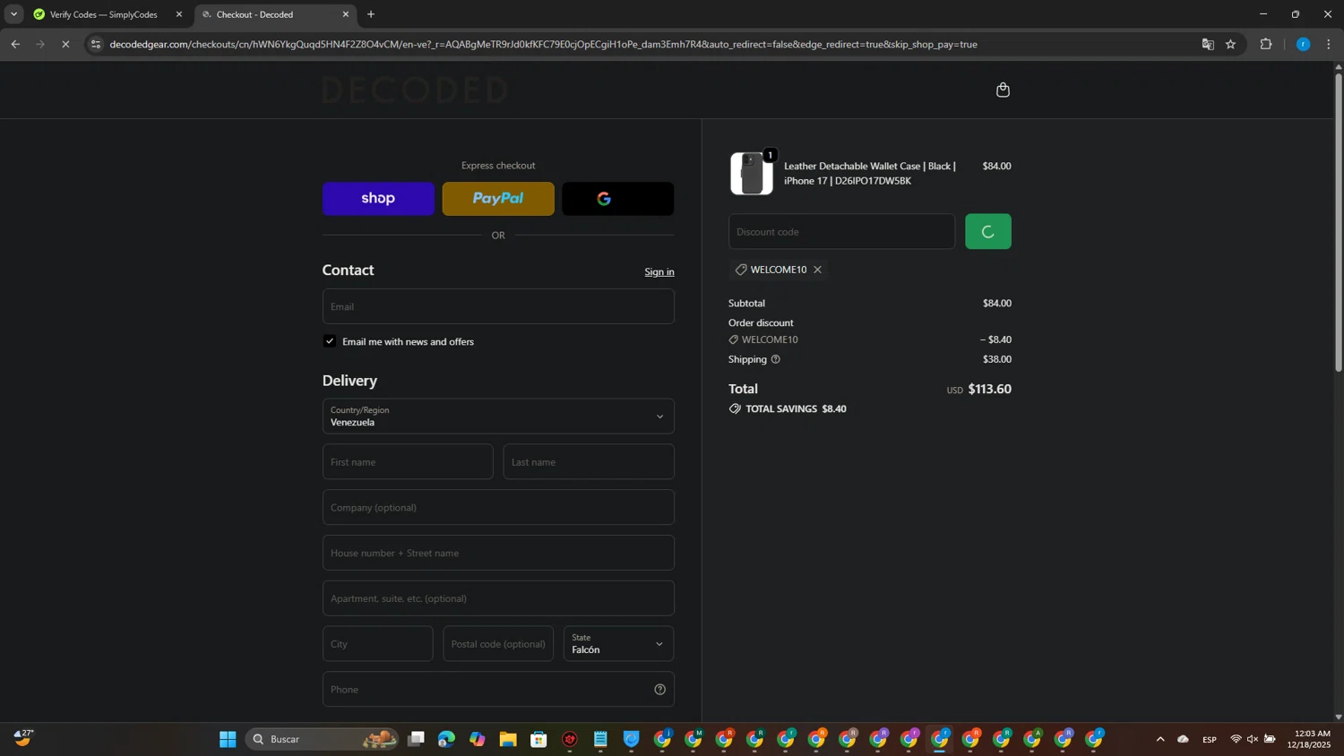 Decoded Bags discount code screenshot showing code WELCOME10 applied at Decoded Bags checkout page. Uploaded by SimplyCodes community member CouponPhoenix3444 on Dec 18, 2025