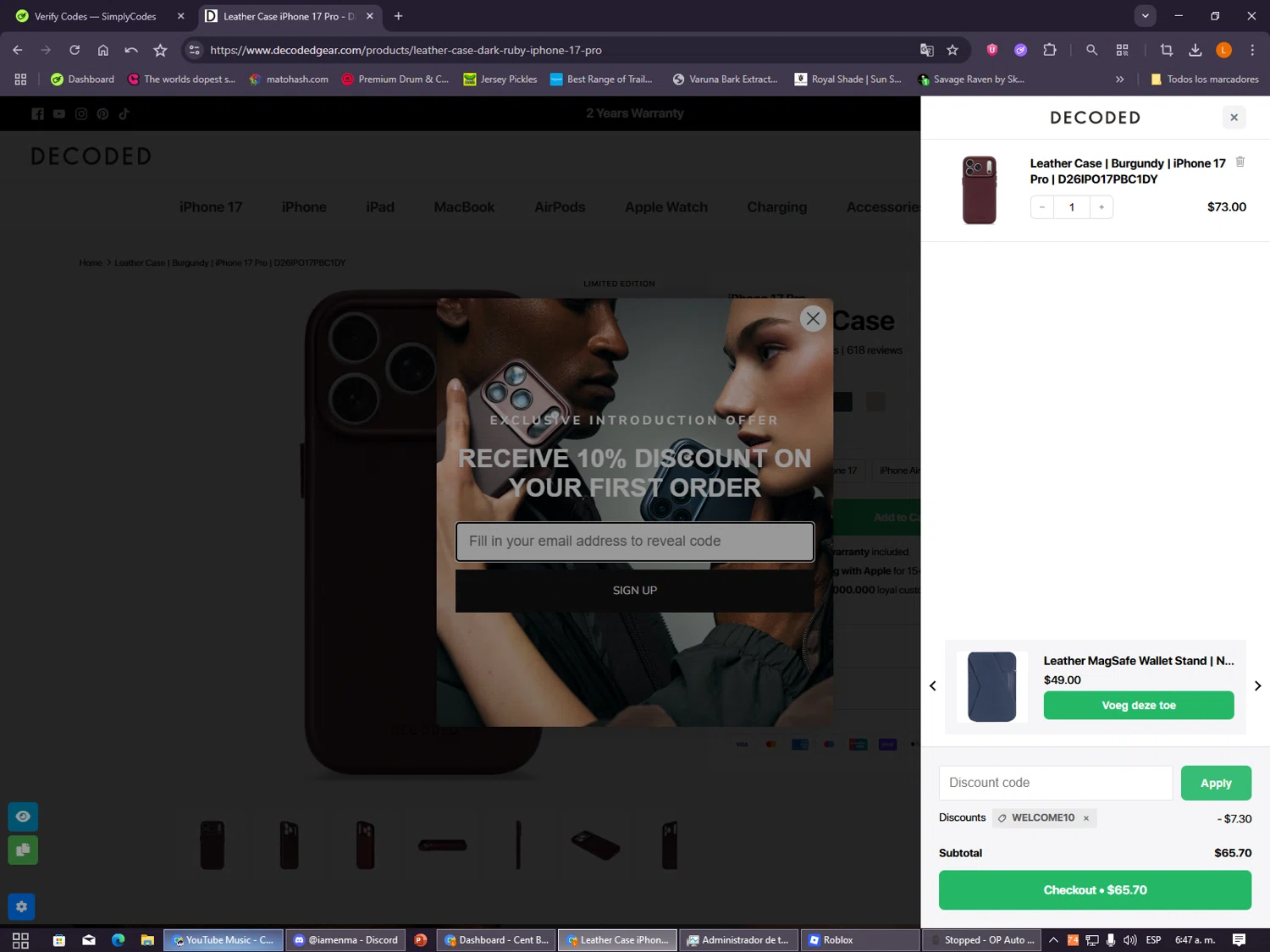 Decoded Bags discount code screenshot showing code WELCOME10 applied at Decoded Bags checkout page. Uploaded by SimplyCodes community member VayneChambeadora on Dec 29, 2025