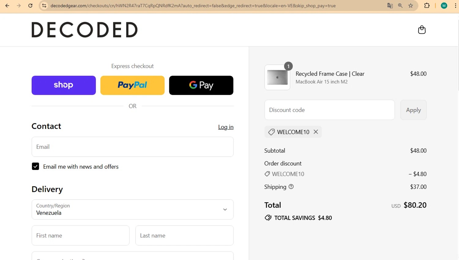 Decoded Bags discount code screenshot showing code WELCOME10 applied at Decoded Bags checkout page. Uploaded by SimplyCodes community member marco007 on Aug 31, 2025
