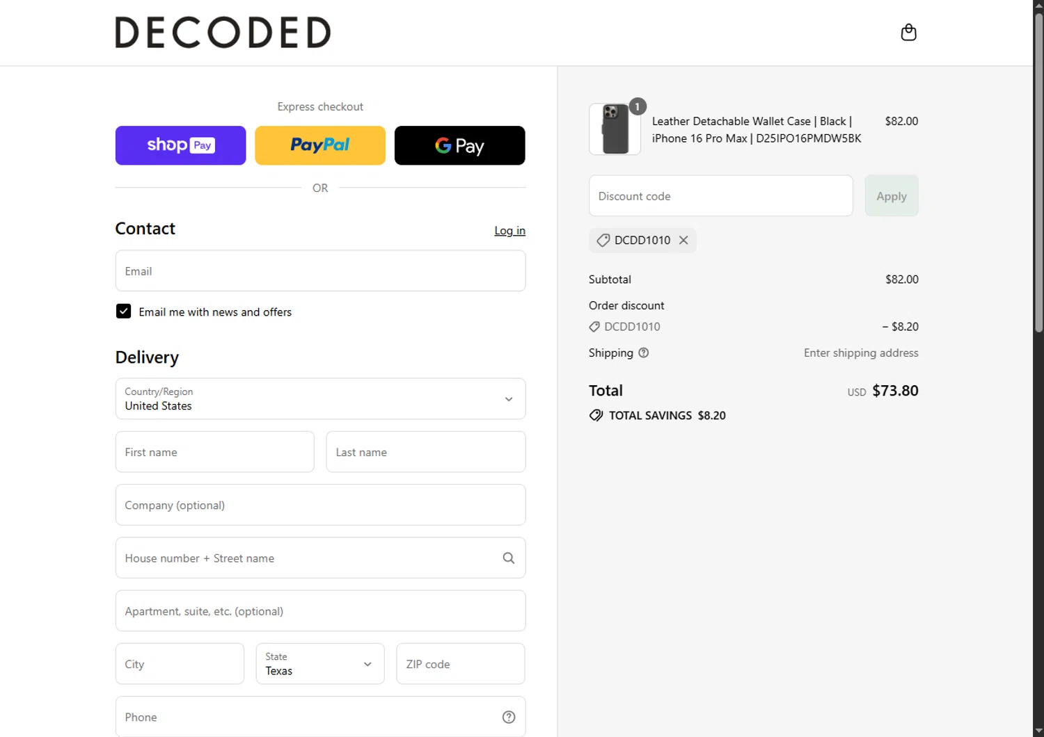 Decoded Bags discount code screenshot showing code DCDD1010 applied at Decoded Bags checkout page. Uploaded by SimplyCodes community member SwiftTracker8156 on Aug 1, 2025