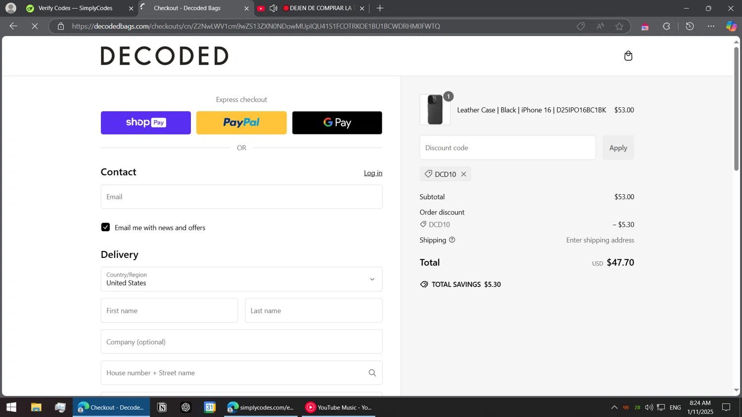 Decoded Bags discount code screenshot showing code DCD10 applied at Decoded Bags checkout page. Uploaded by SimplyCodes community member BorgeZzz on Jan 11, 2025