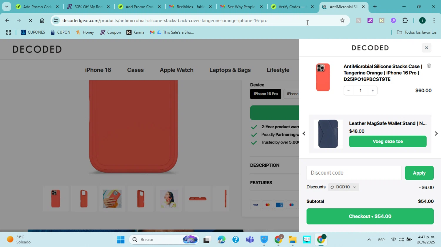 Decoded Bags discount code screenshot showing code DCD10 applied at Decoded Bags checkout page. Uploaded by SimplyCodes community member jorgejavierherrera on Jun 26, 2025