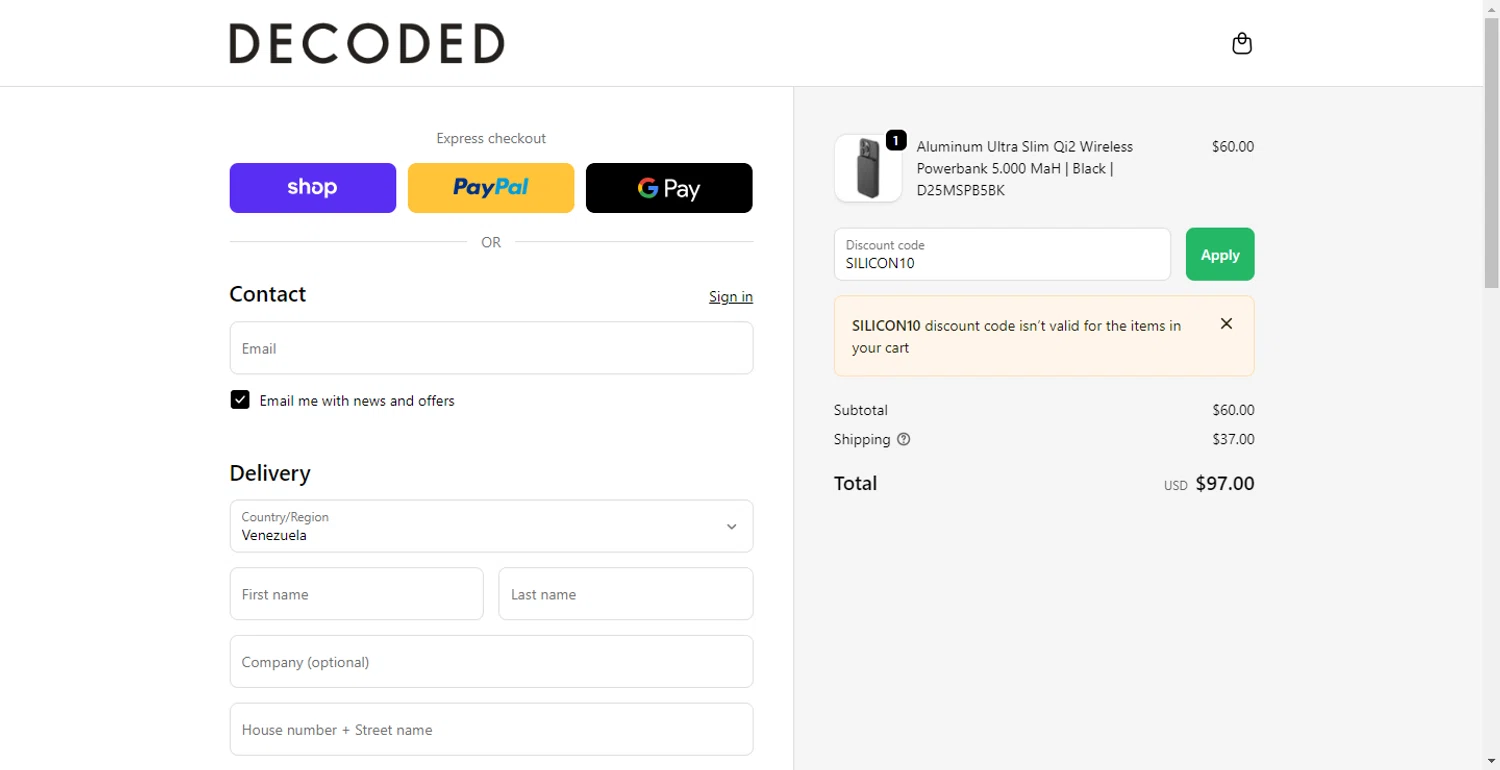 Decoded Bags discount code screenshot showing code SILICON10 applied at Decoded Bags checkout page. Uploaded by SimplyCodes community member BargainMonarch8220 on Nov 15, 2025