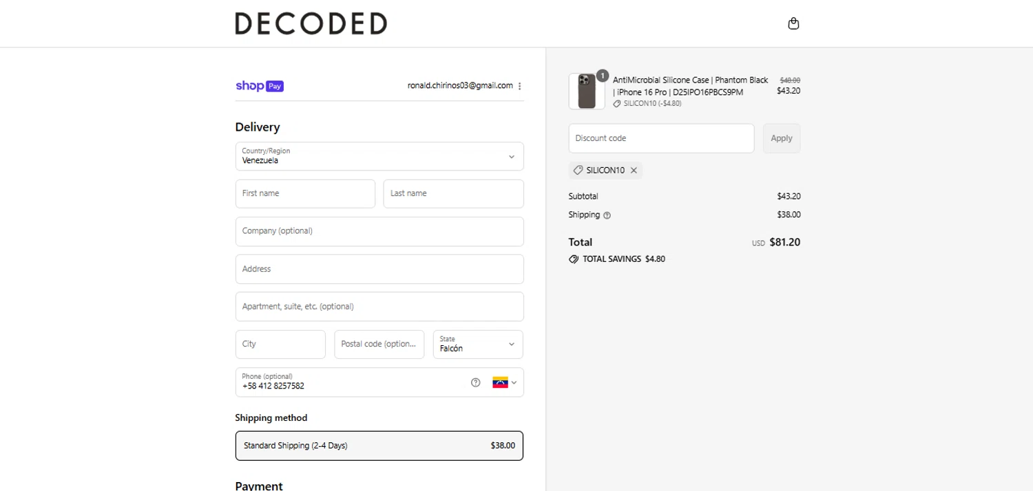 Decoded Bags discount code screenshot showing code SILICON10 applied at Decoded Bags checkout page. Uploaded by SimplyCodes community member alpha007 on Jul 28, 2025