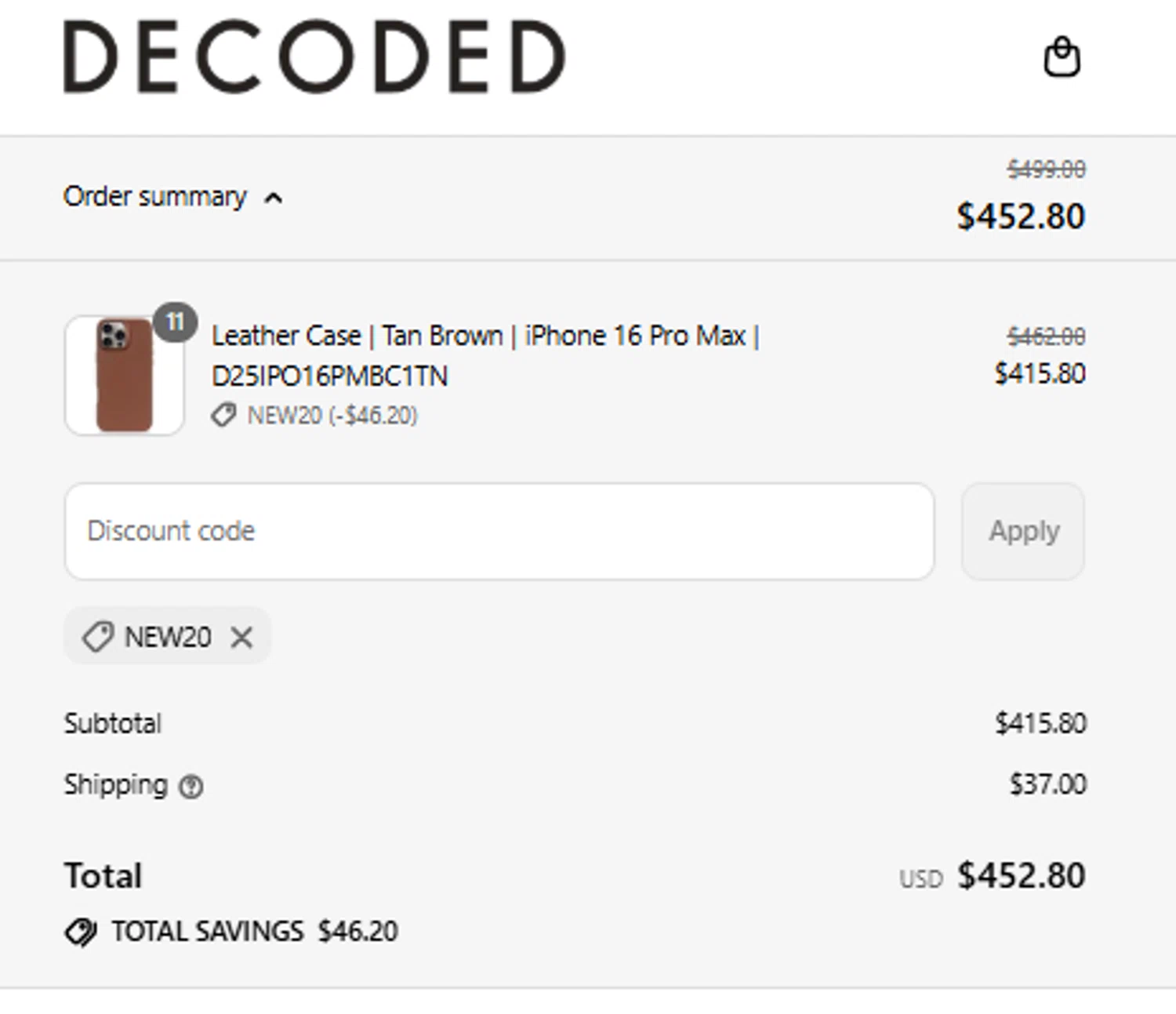 Decoded Bags discount code screenshot showing code NEW20 applied at Decoded Bags checkout page. Uploaded by SimplyCodes community member Eli_125 on Sep 3, 2025